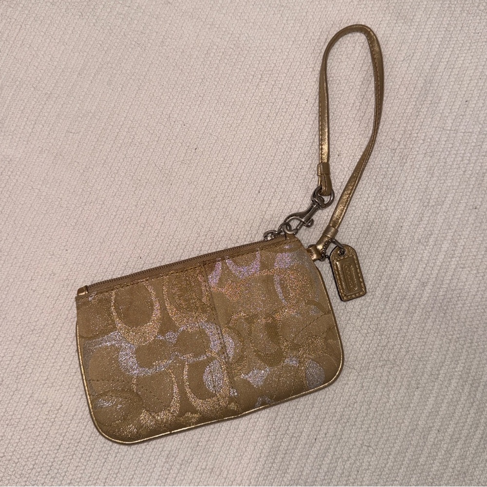 Coach Signature Metallic Gold Wristlet Pouch Pink Lining Y2K